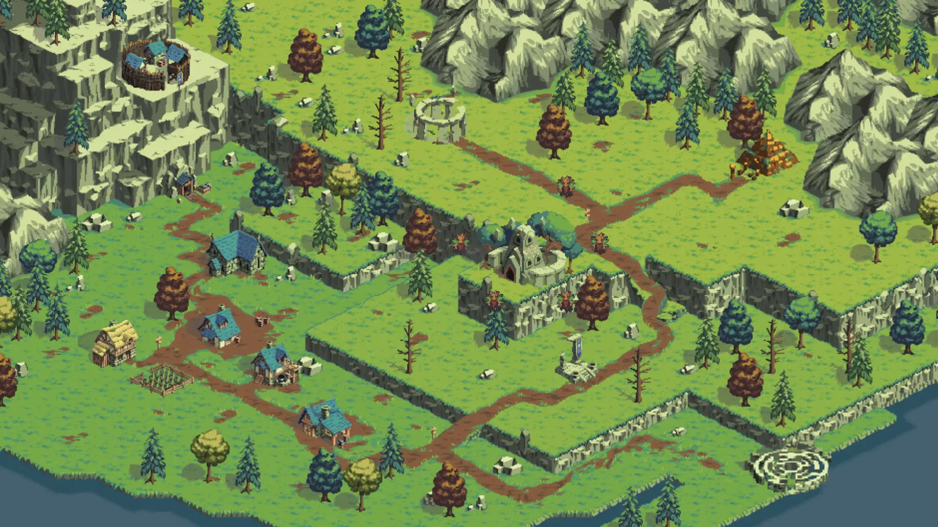 Realm Grinder map showing a fantasy kingdom, forests, ruins, roads, and resources