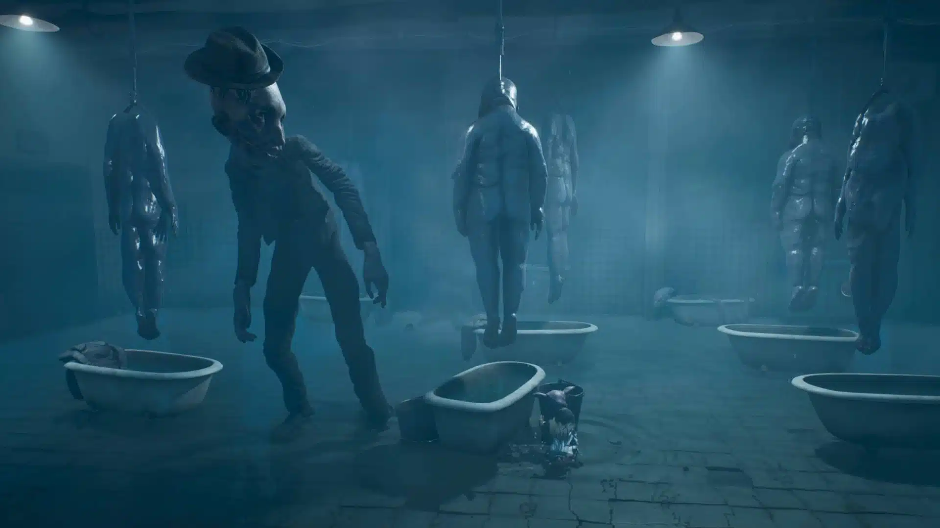 Masked figure walks among hanging bodies and empty tubs in Reanimal's blue-lit room