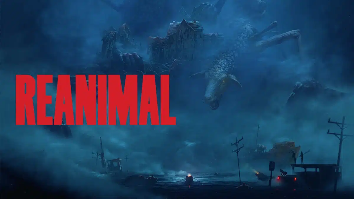 Reanimal game artwork showing a dark flooded landscape with a large creature and abandoned structures.