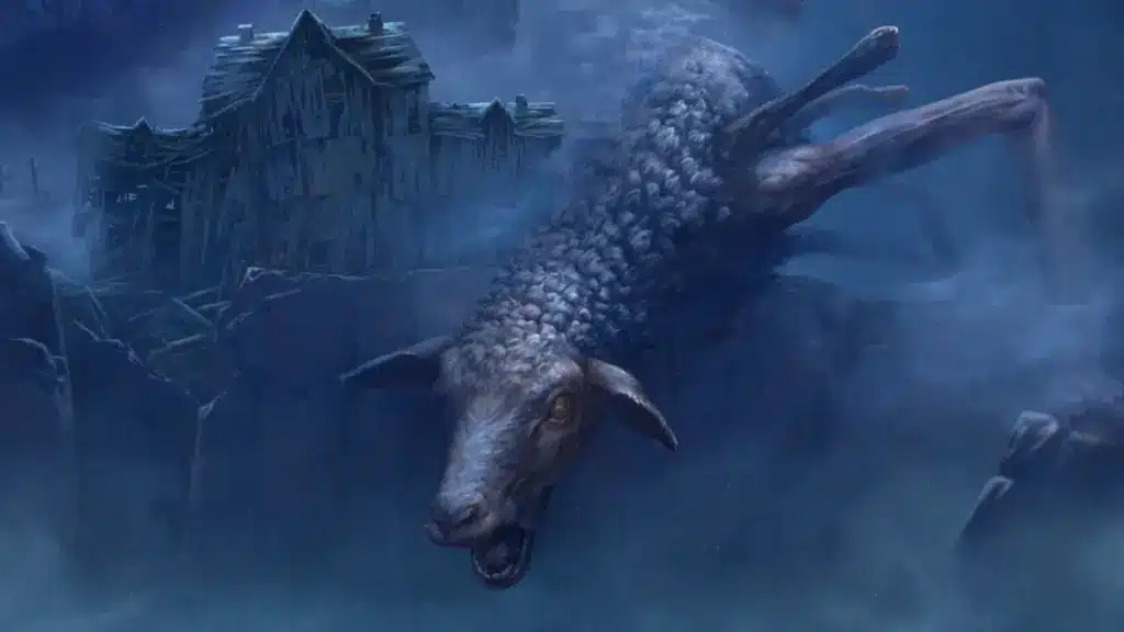 Grotesque long-necked sheep monster looms beside a ruined farmhouse in Reanimal