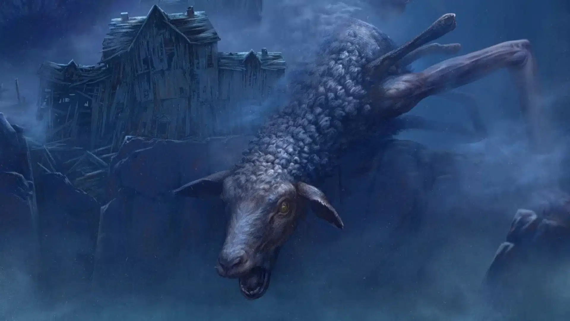 Grotesque long-necked sheep monster looms beside a ruined farmhouse in Reanimal