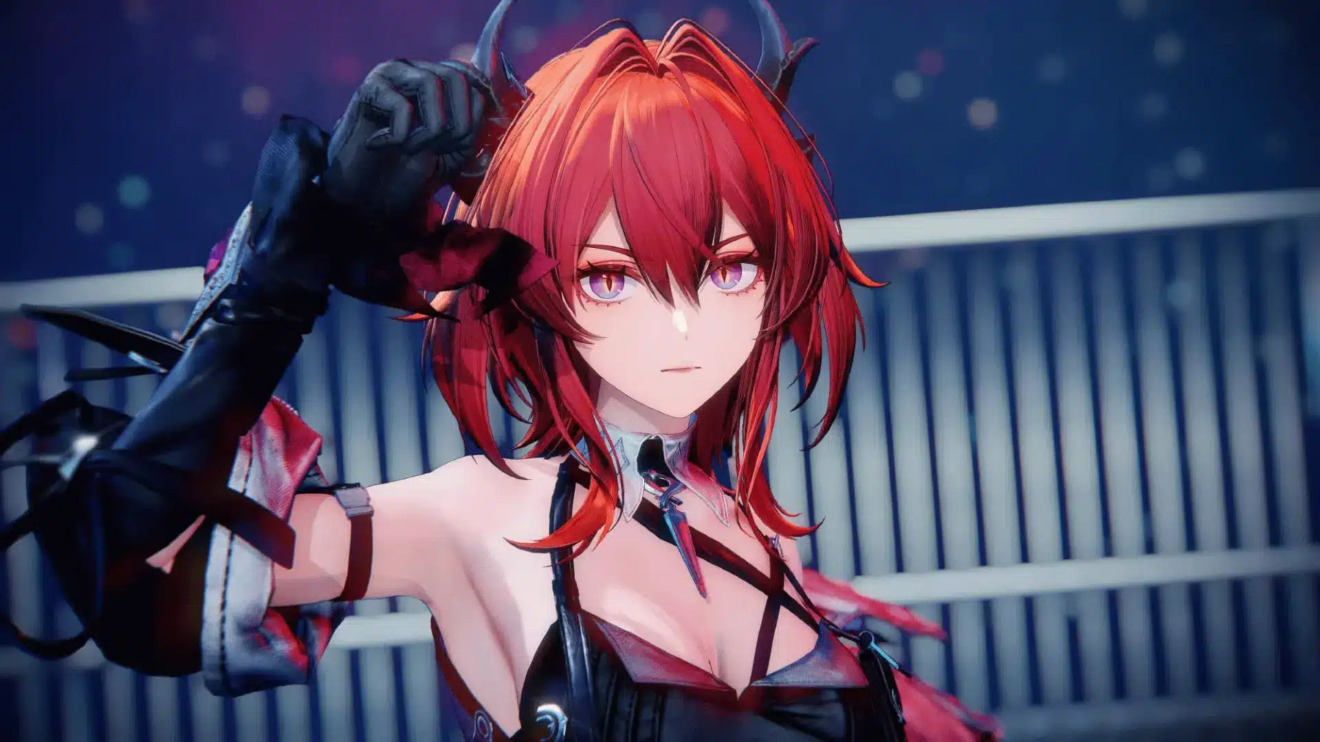 Anime woman with red hair, purple eyes, black horns, and black outfit posing with one gloved hand near her face.
