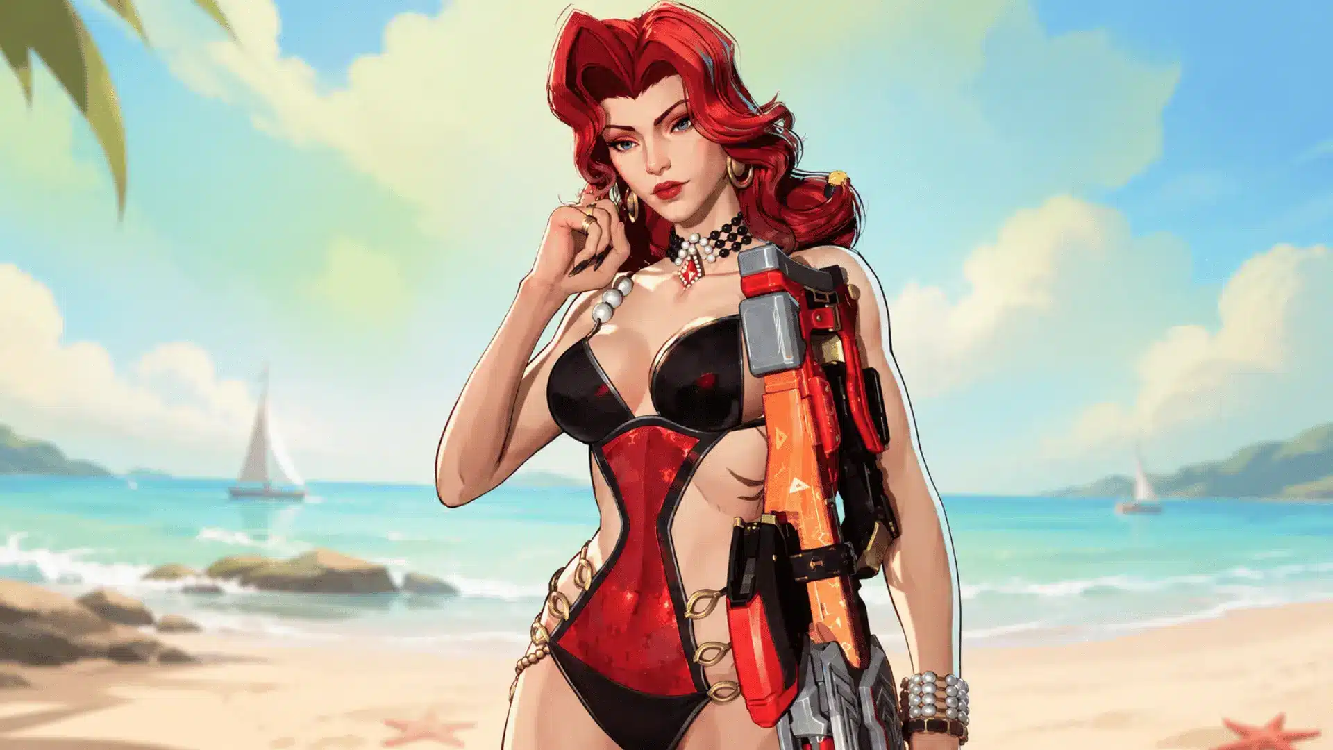 Red-haired game character in a black and red outfit holding a large red rifle against a beach background