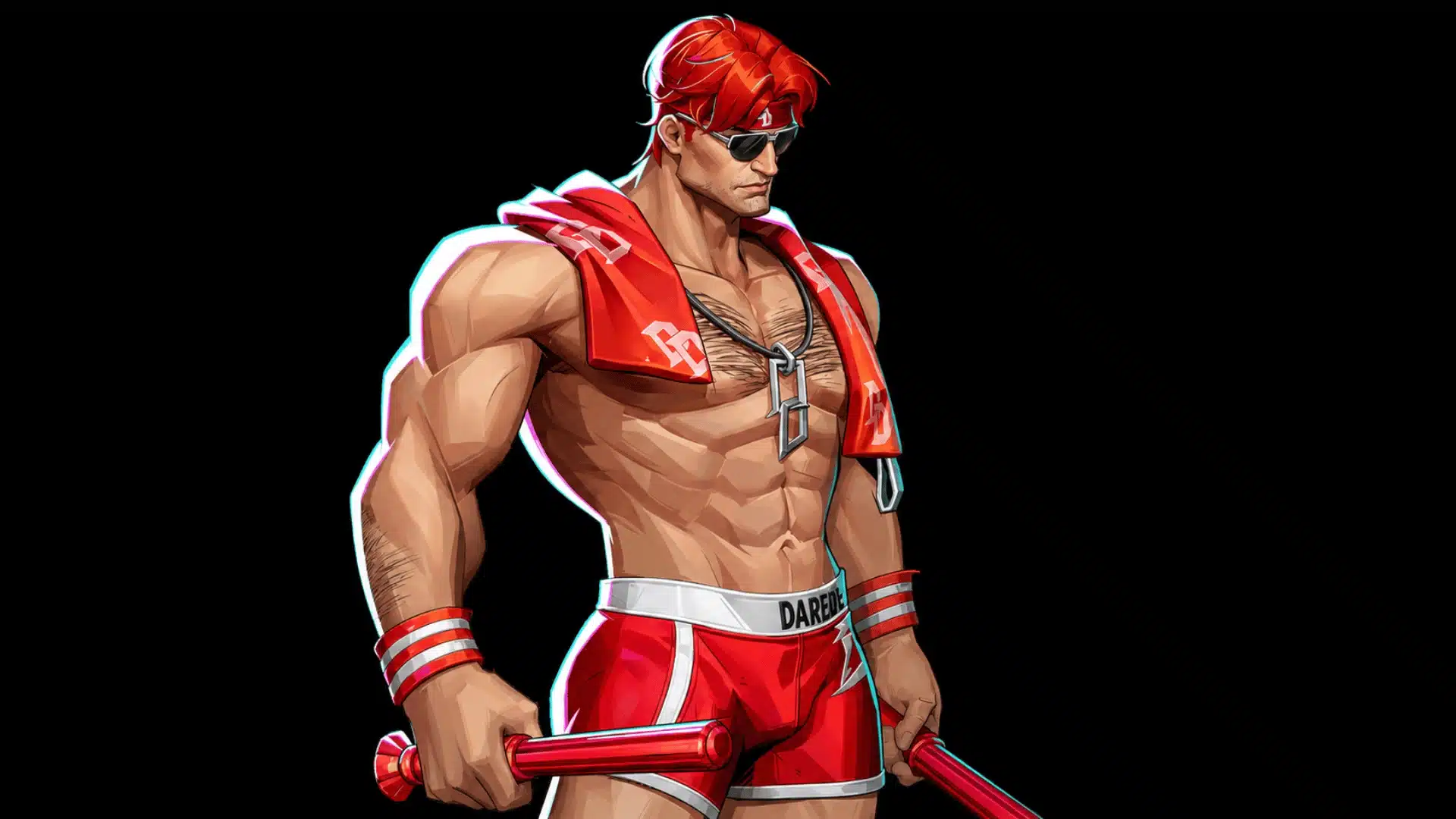 Red-haired game character wearing sunglasses and red shorts while holding two red batons against a black background