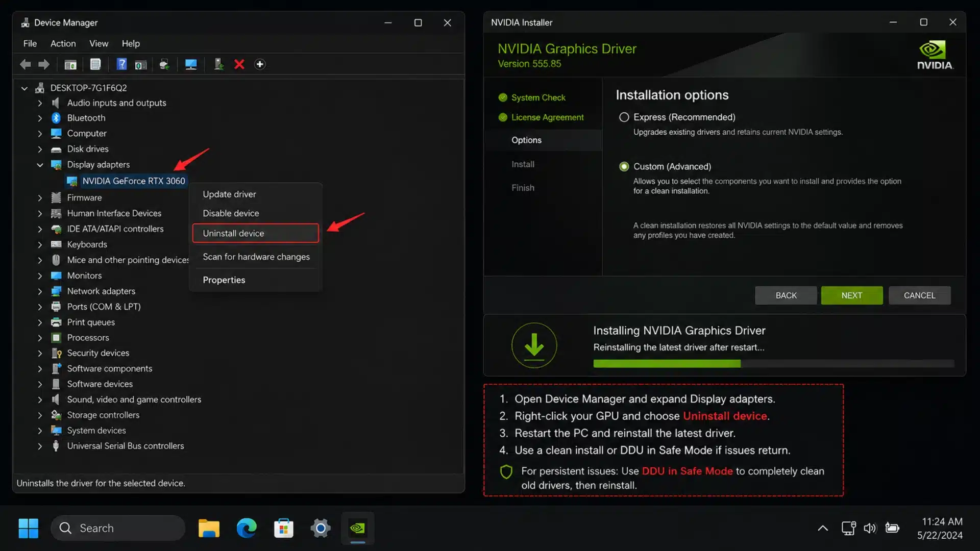 Device Manager and NVIDIA installer showing graphics driver uninstall and reinstall