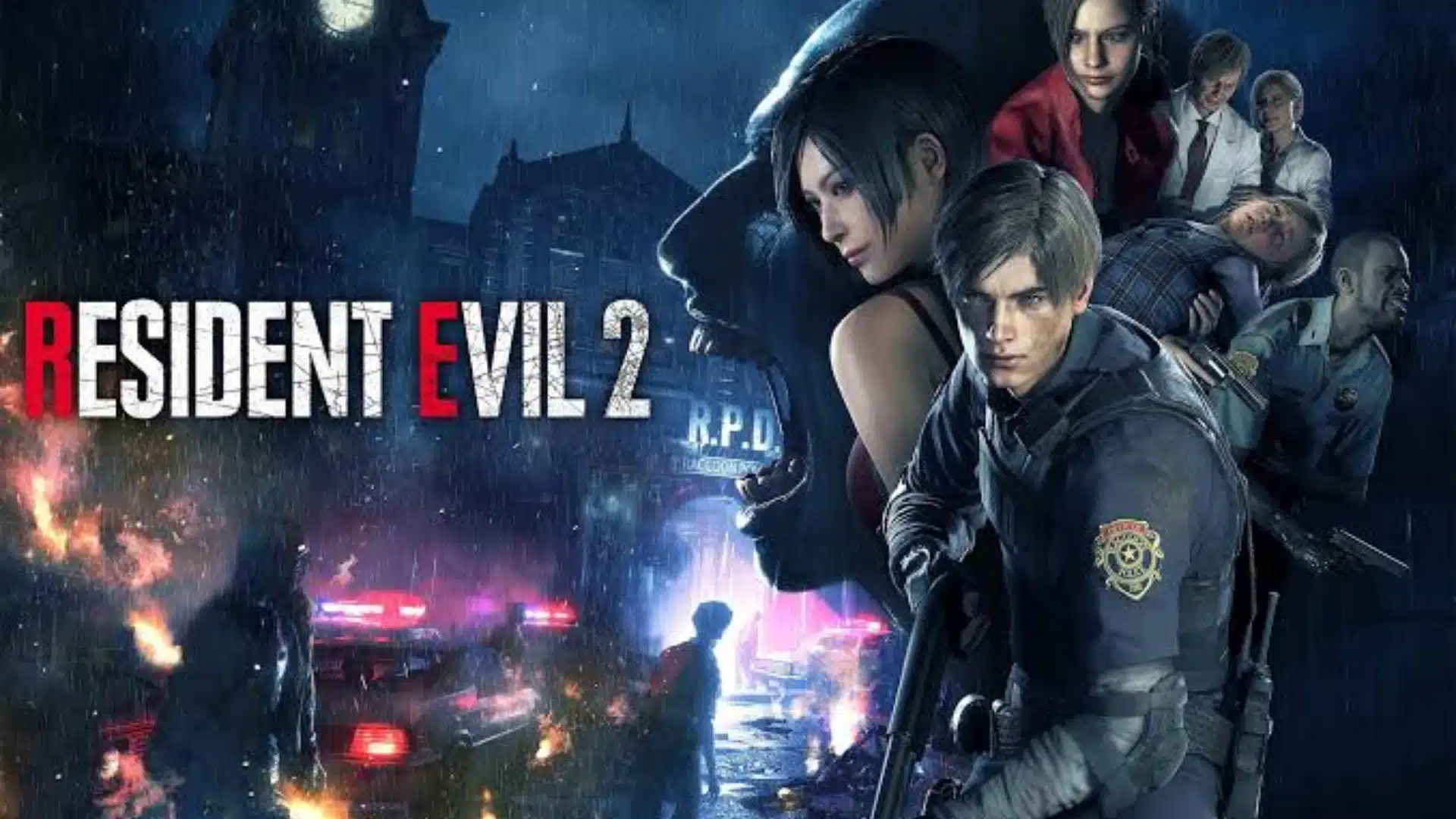 Resident Evil 2 cover showing Leon S. Kennedy and Claire Redfield in Raccoon City at night with zombies and police chaos.