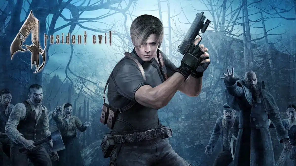 Resident Evil 4 artwork showing a character with a gun surrounded by enemies in a dark forest.