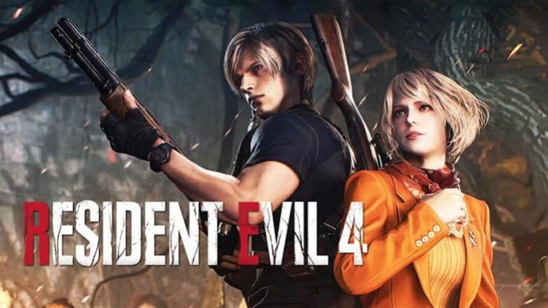 Resident Evil 4 cover showing Leon S. Kennedy aiming a gun with Ashley Graham in an orange outfit beside him.