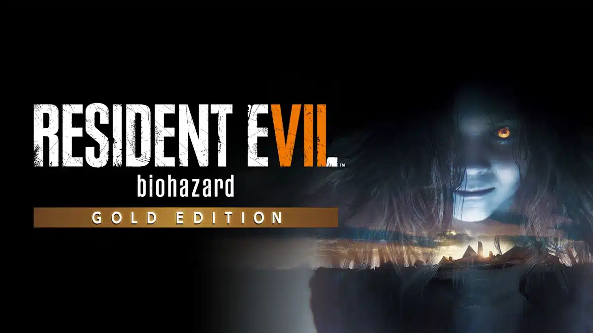 Resident Evil 7 Biohazard Gold Edition artwork showing a dark character face and horror-themed background.
