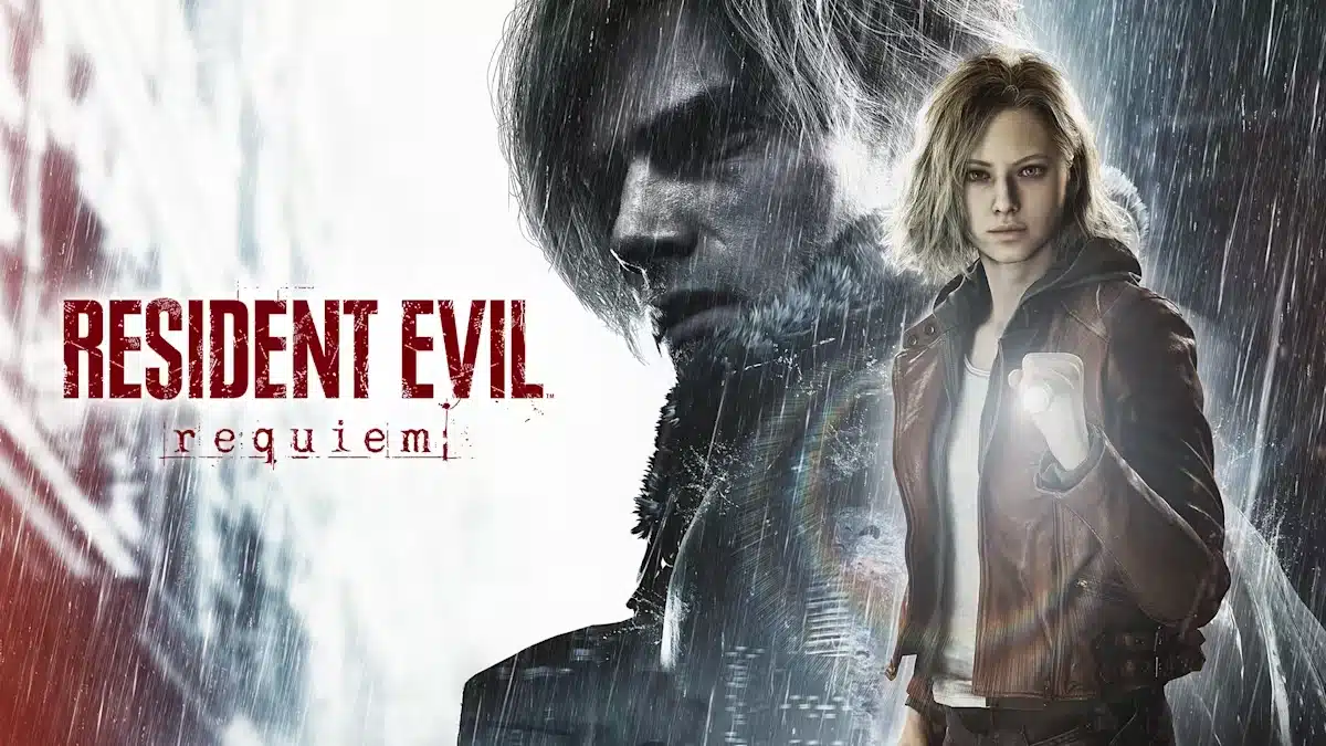 Resident Evil Requiem game artwork showing a character in rain with a dark figure in the background.