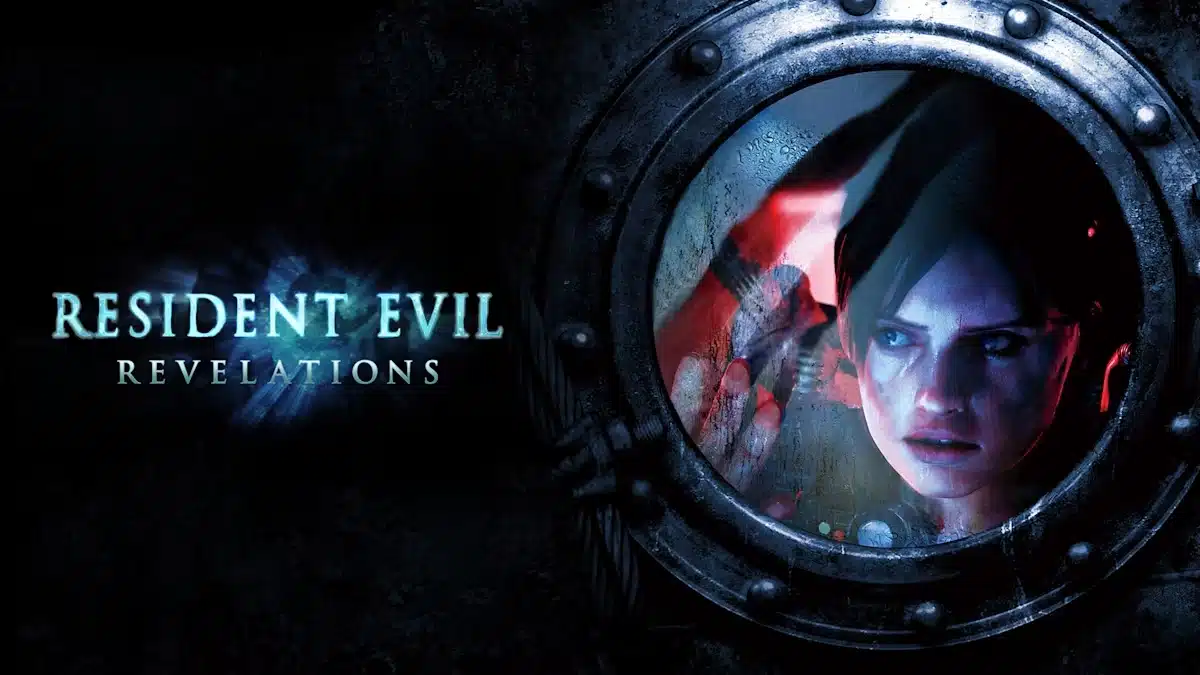 Resident Evil Revelations artwork showing a character reflected through a submarine window in a dark setting.
