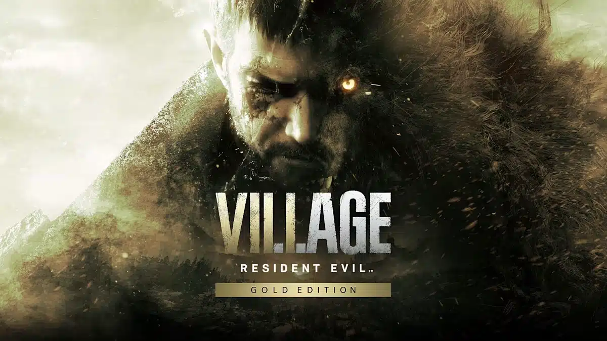 Resident Evil Village Gold Edition artwork showing a character’s face with a dark forest and horror atmosphere.