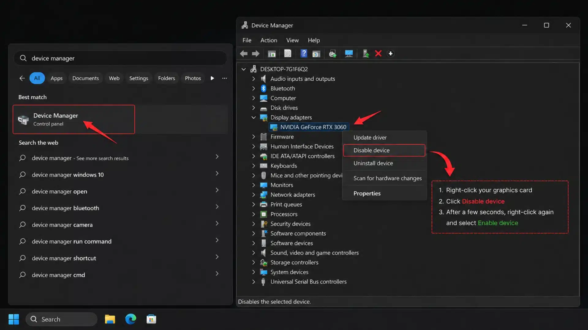 Device Manager showing GPU disable and enable steps for restarting the graphics driver