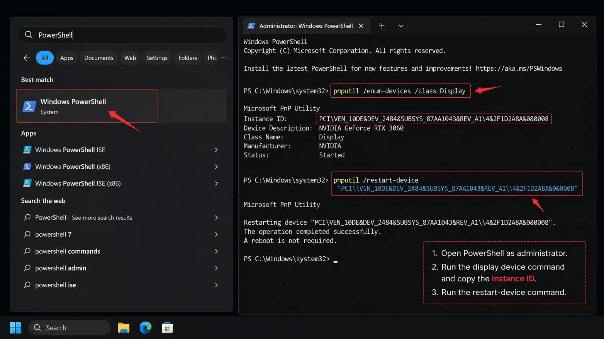 PowerShell window showing GPU restart commands and display device instance ID steps