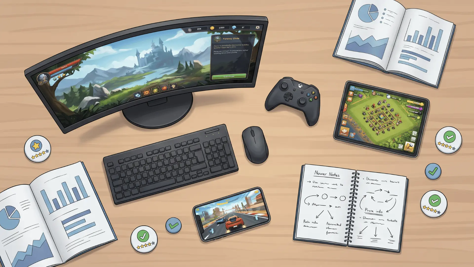 Illustration of a multi-device gaming desk with a curved monitor, tablet, smartphone, controller, and open notebooks.