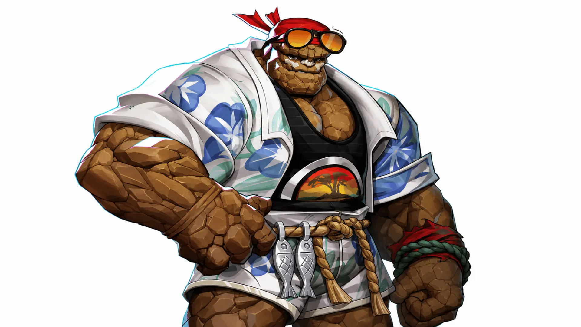 Rock golem character wearing sunglasses, a red bandana, floral shirt, black tank top, and rope belt