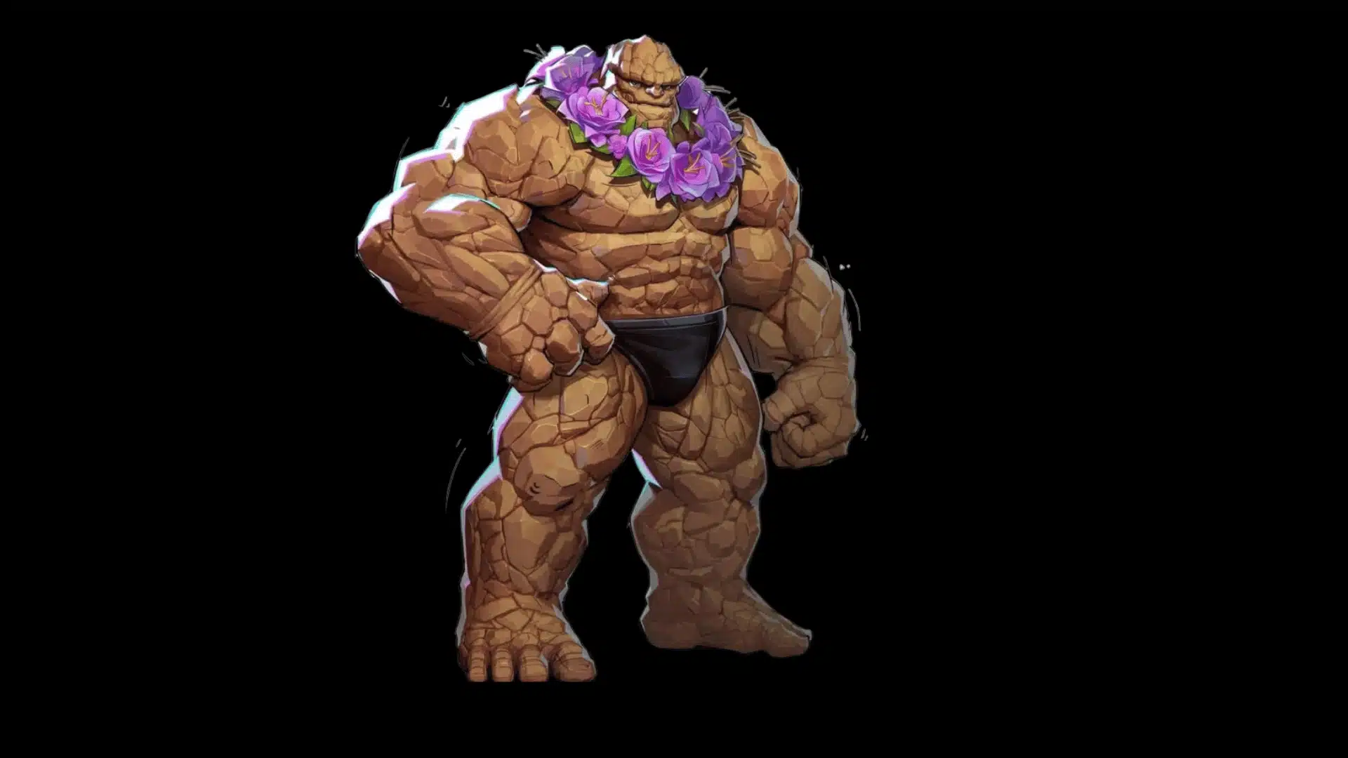 Rock-skinned superhero wearing a purple flower lei and black swim briefs against a white background.