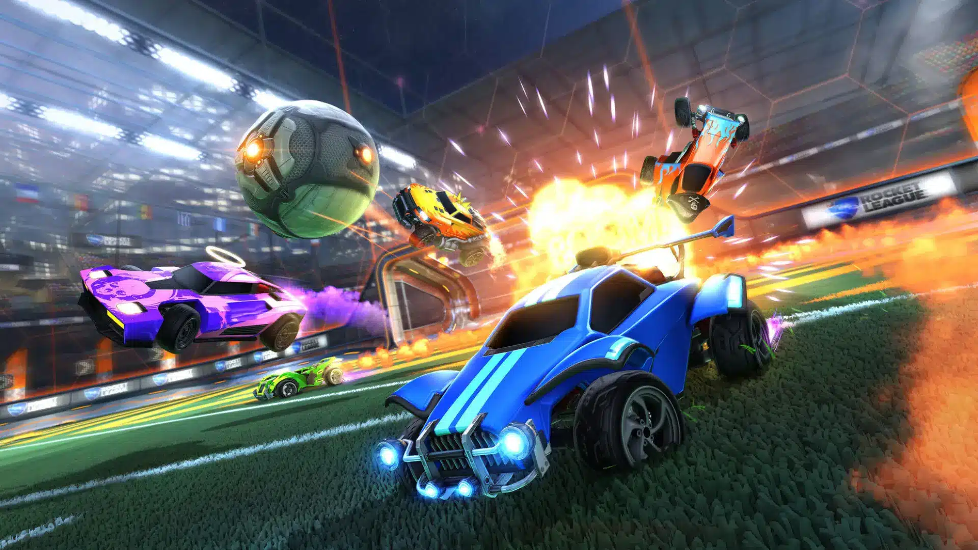 Colorful rocket-powered cars chase a giant ball as an explosive goal lights the arena