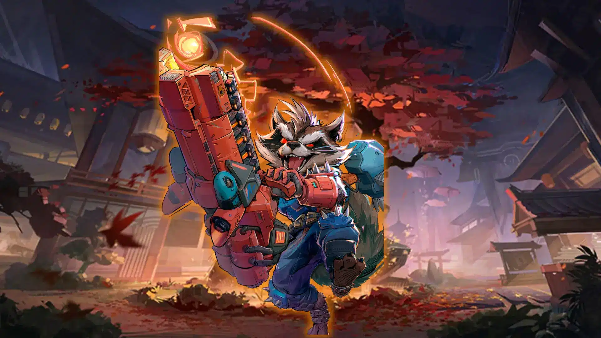 Rocket Raccoon wielding a massive sci-fi gun with a traditional autumn temple background.