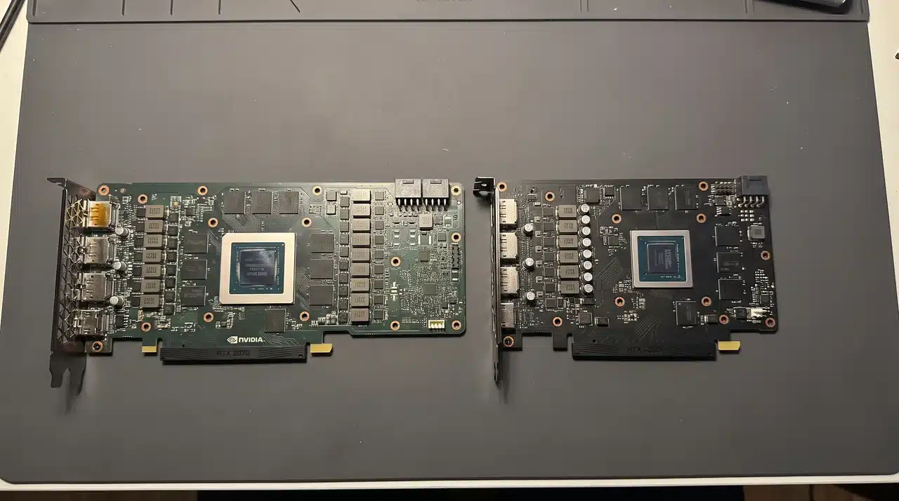 RTX 3070 and RTX 4060 naked PCB board kept on a table