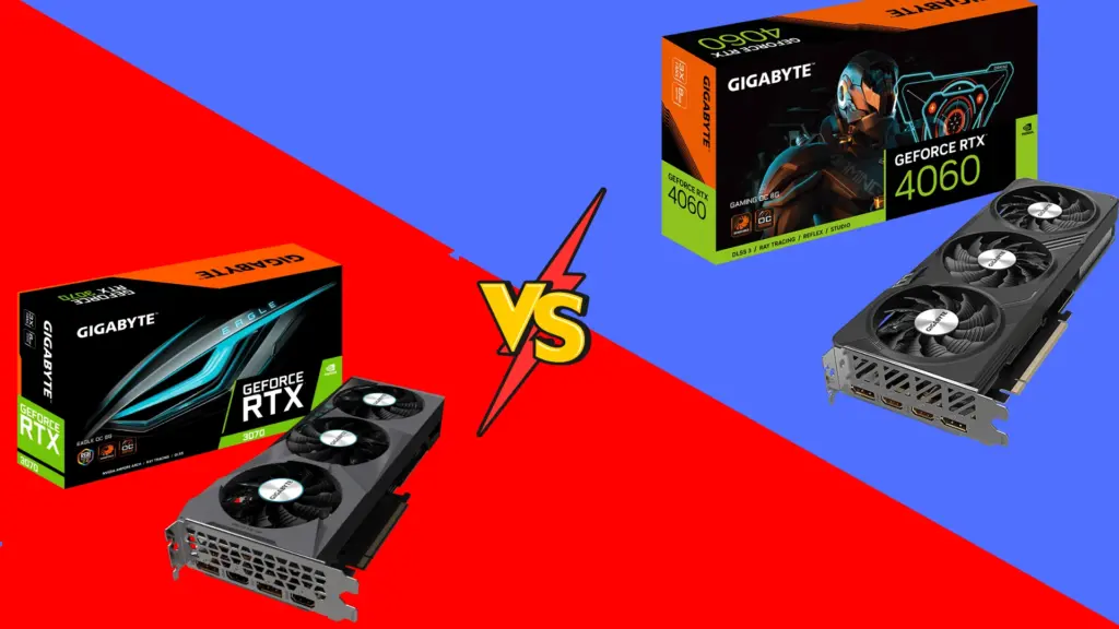 RTX 3070 vs RTX 4060 graphics card comparison with boxes on a red and blue split background