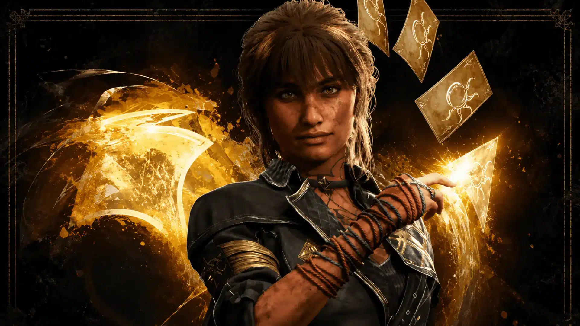 Sciel in dark fantasy clothing surrounded by glowing golden cards and magical energy.