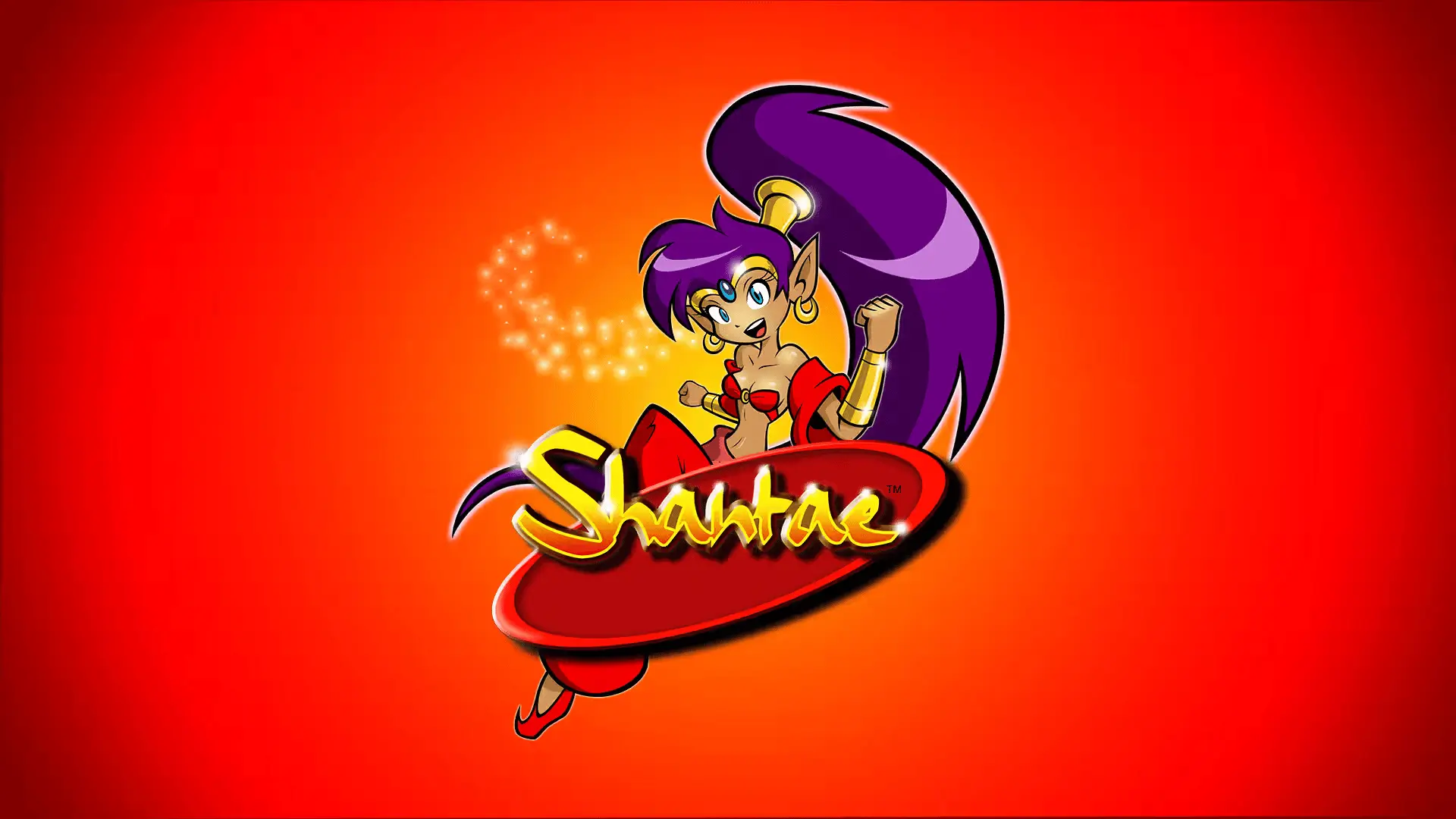 Shantae character with purple hair and red outfit posing on a bright orange-red background with magical sparkles