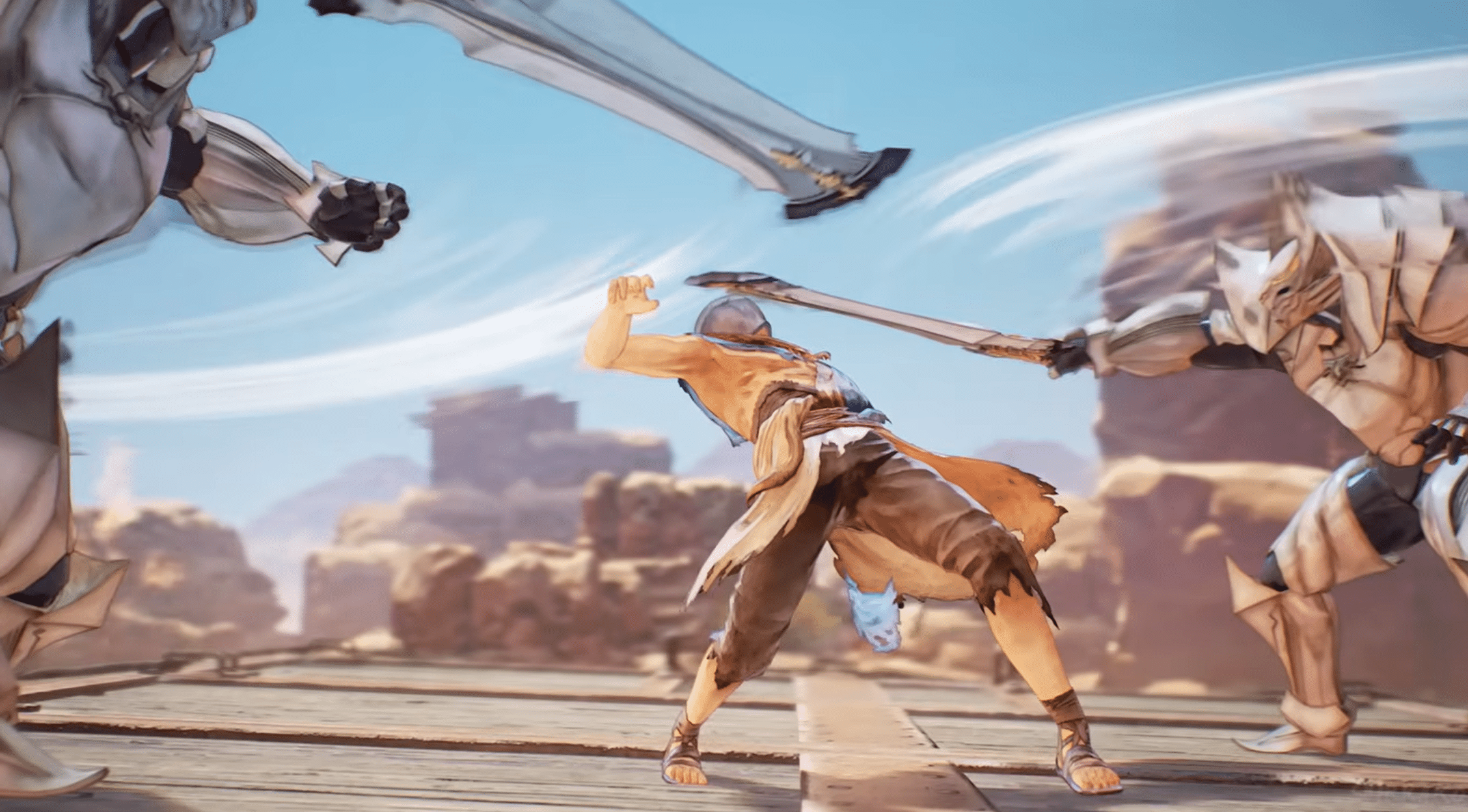 Stylized action game screenshot showing a shirtless, tattered-pants swordsman crouched and dodging between two massive armored figures swinging large blades, set against a desert ruins backdrop with motion-blur swirls emphasizing the speed of the attacks.