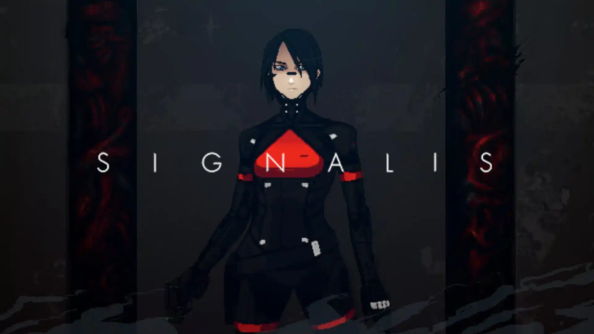 Signalis game artwork showing a dark-haired character in a black and red uniform standing against a dark industrial background.