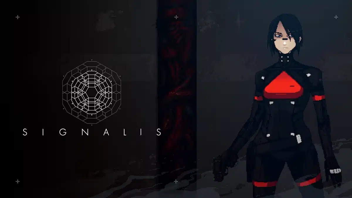 Signalis game artwork showing a pixel art character in a dark sci-fi setting.