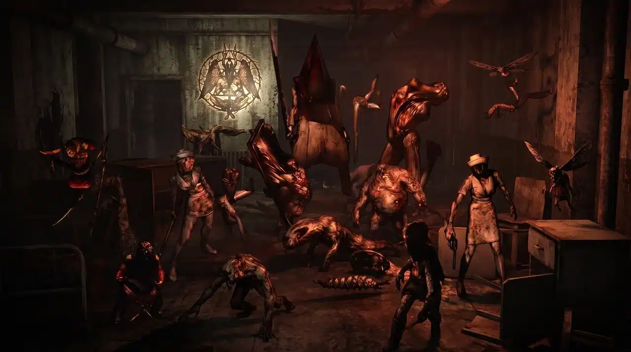 Group of Silent Hill 2 monsters, including Pyramid Head and Bubble Head Nurses, in a dark room