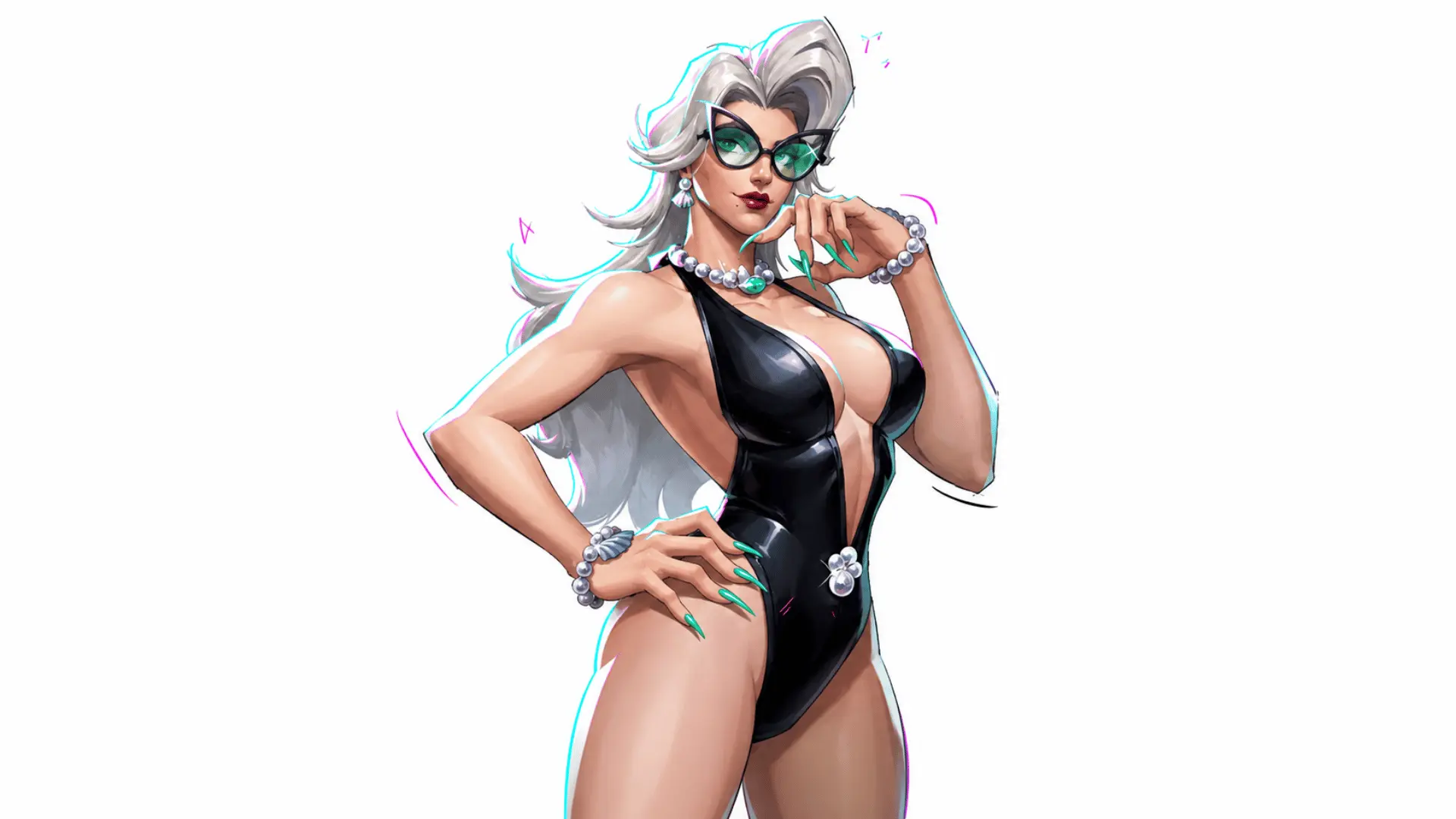 Silver-haired female character in a black swimsuit with green sunglasses, pearl jewelry, and green nails