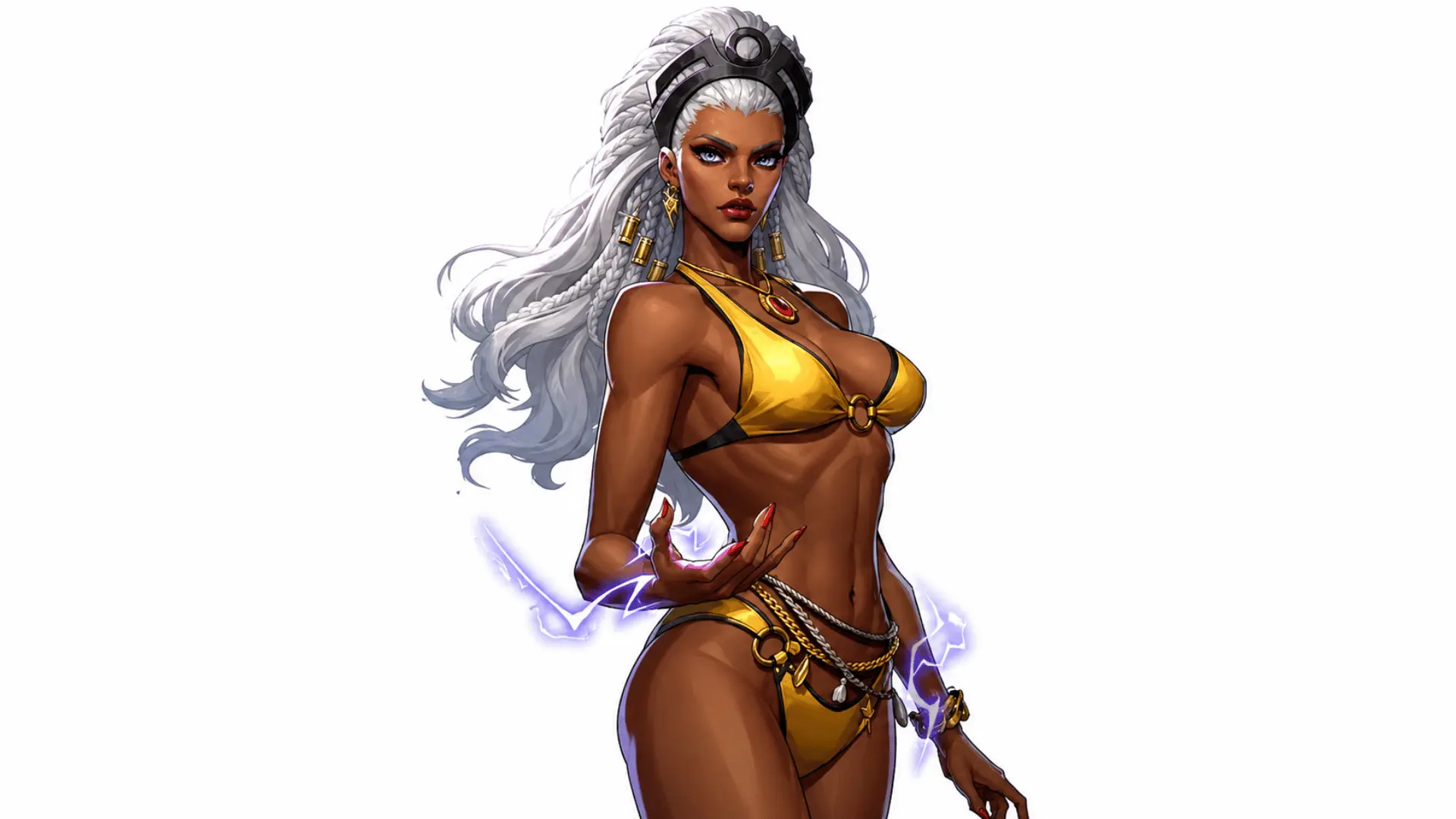 Silver-haired female character in a yellow outfit with gold accessories and purple lightning around her hands