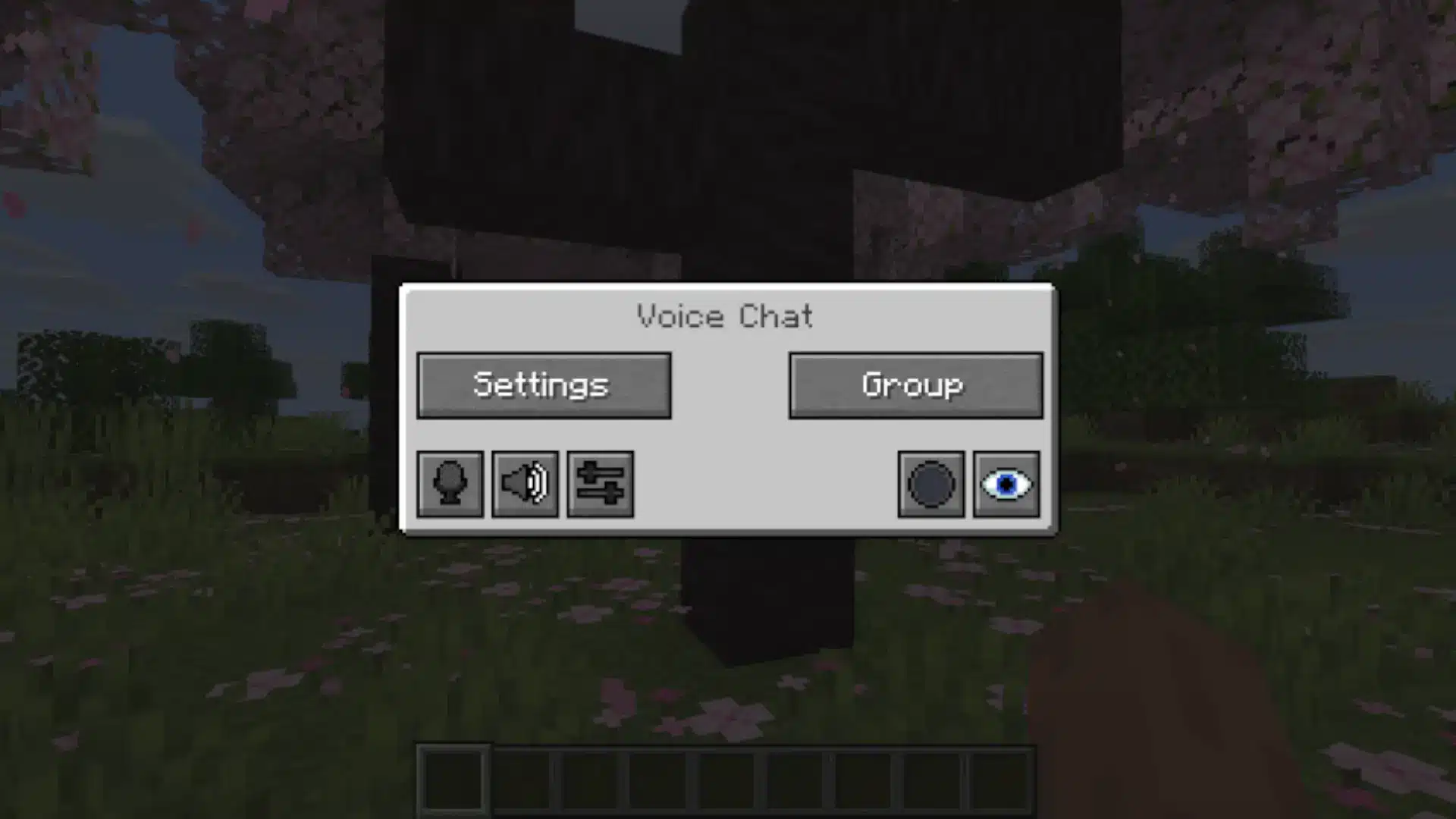Minecraft voice chat mod menu showing settings, group controls, and audio options in-game