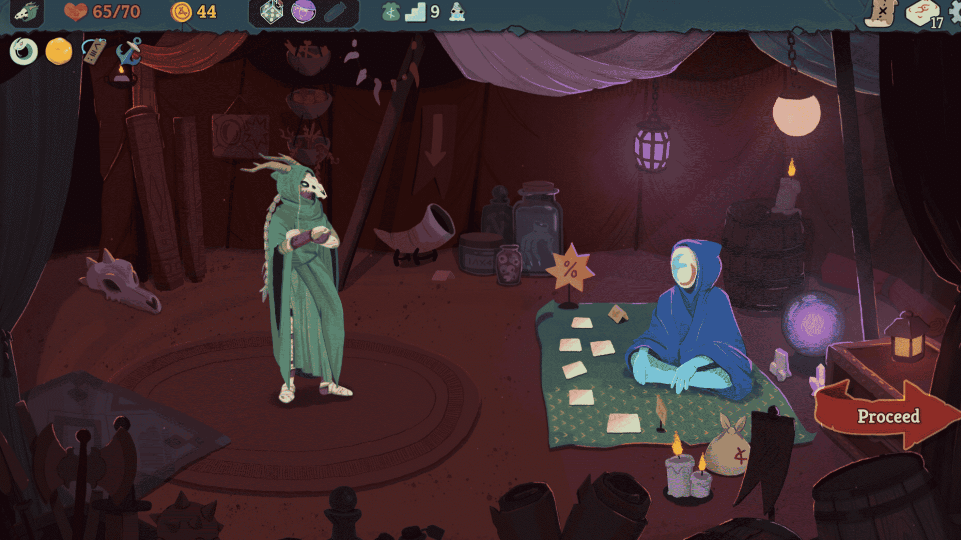 Slay the Spire 2 gameplay screen showing a cloaked character visiting a merchant in a dim tent