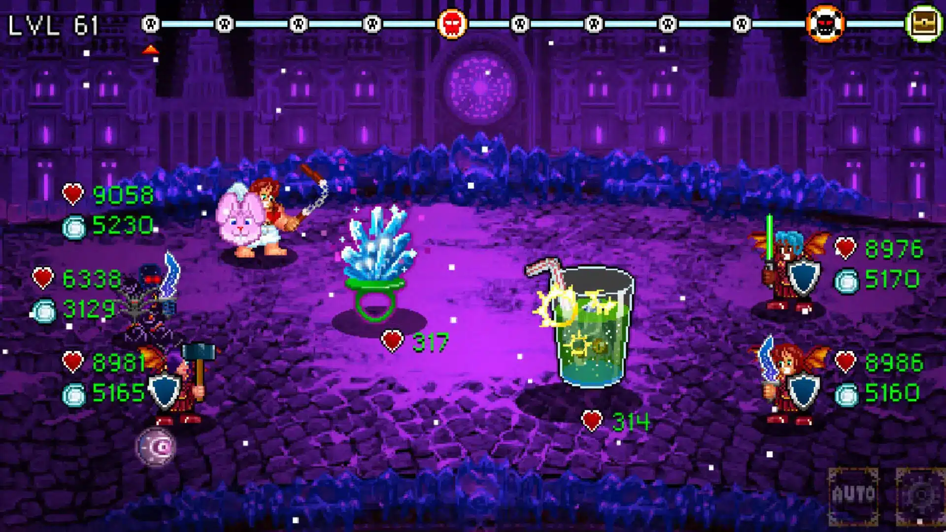 Soda Dungeon battle showing pixel heroes fighting enemies in a glowing purple arena