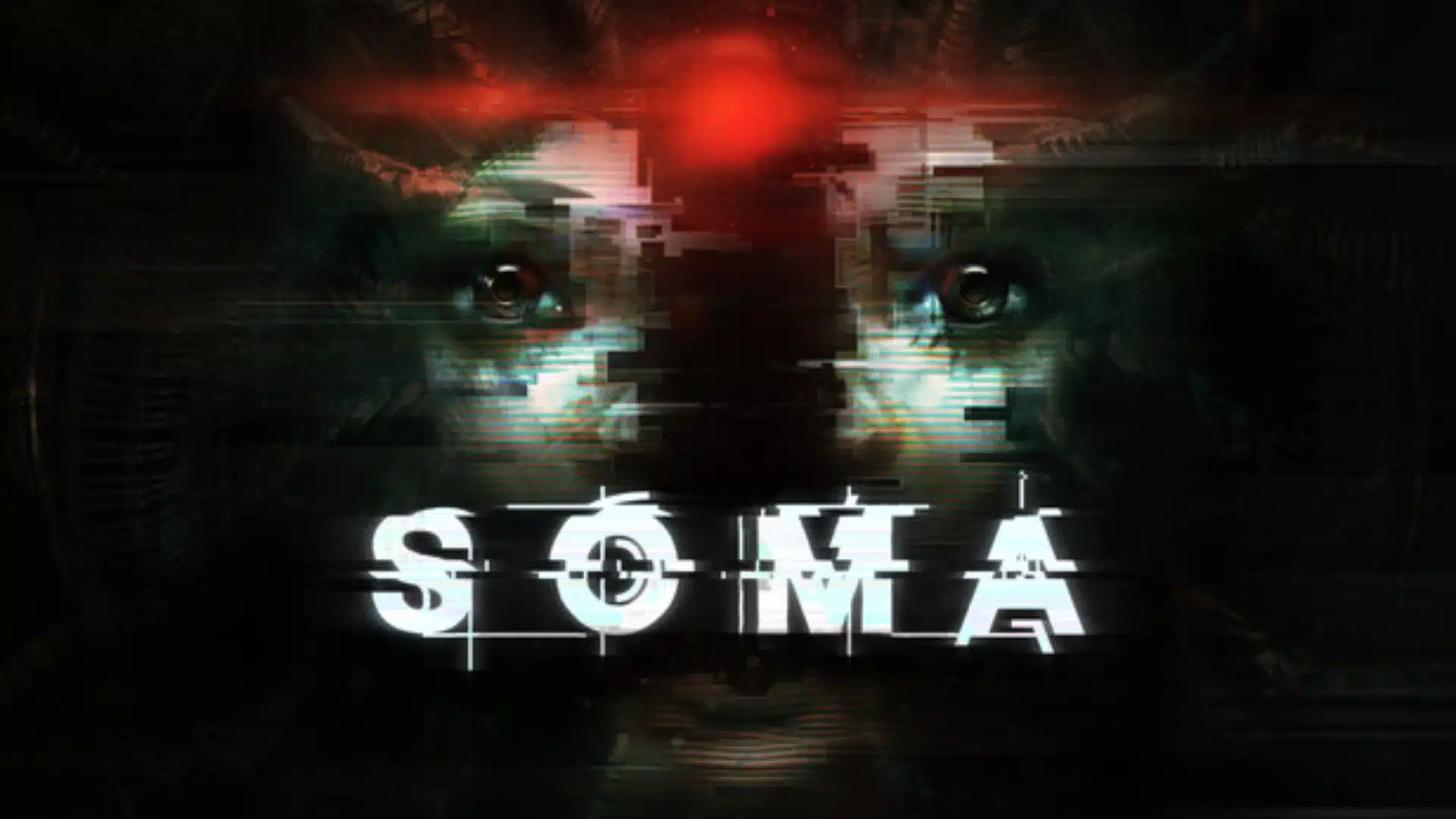 SOMA cover showing a glitching human face under a red light with digital distortion in a dark sci-fi horror style.