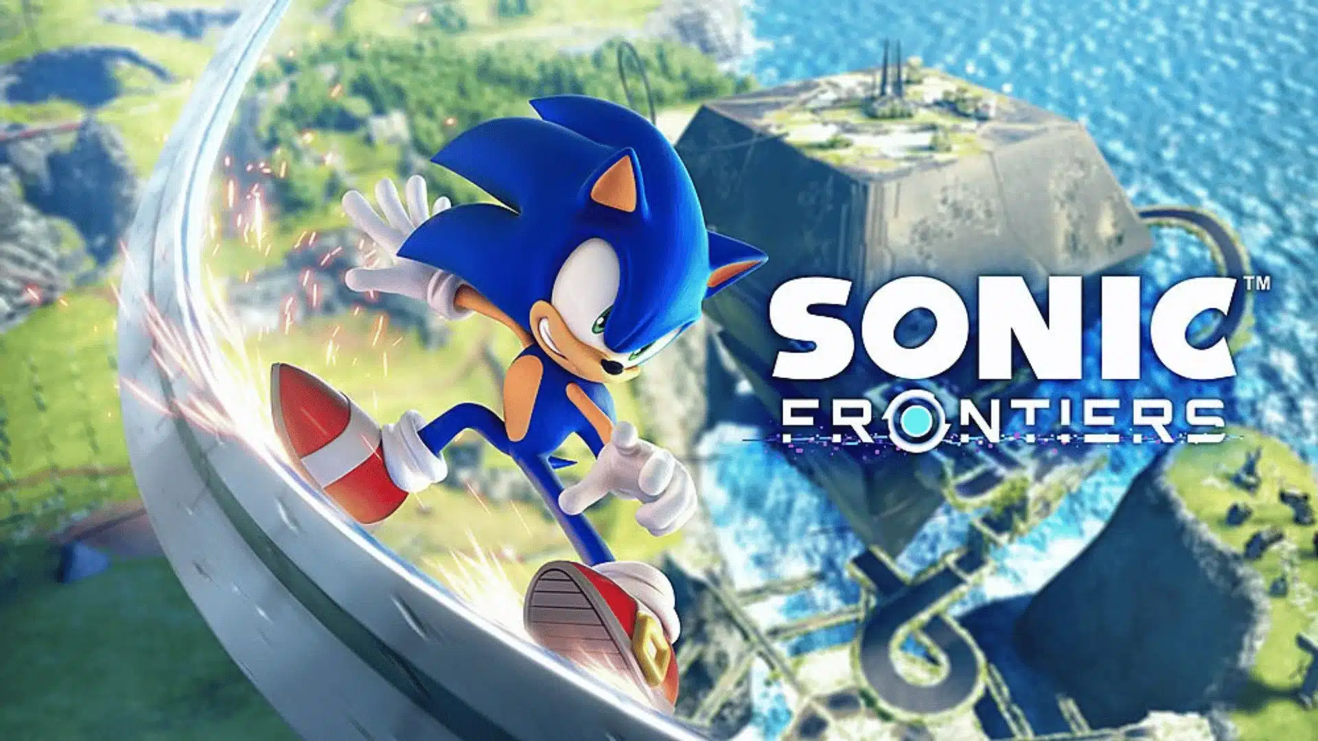 Sonic grinding across rails in Sonic Frontiers with open-world islands, floating platforms, and ocean scenery behind.