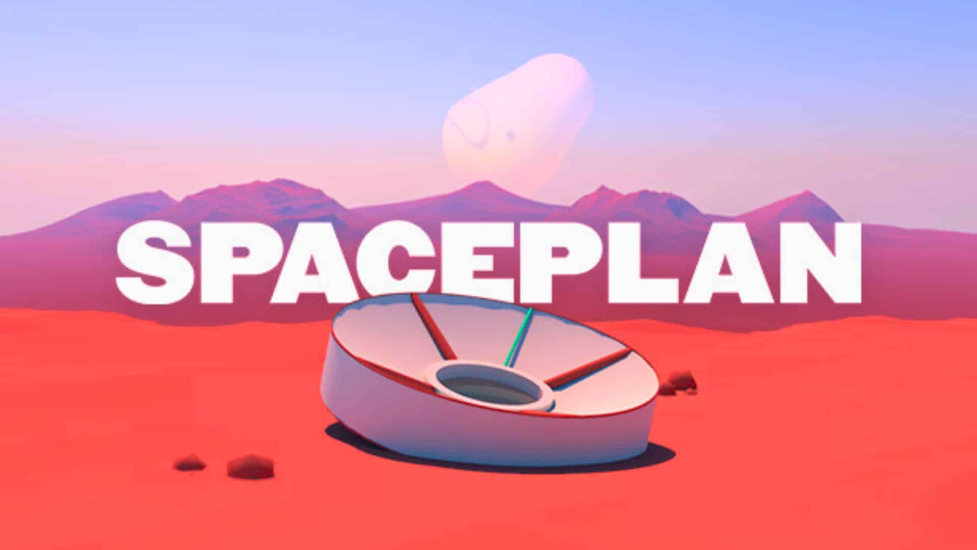 Spaceplan game logo with a futuristic device on a red alien landscape background.