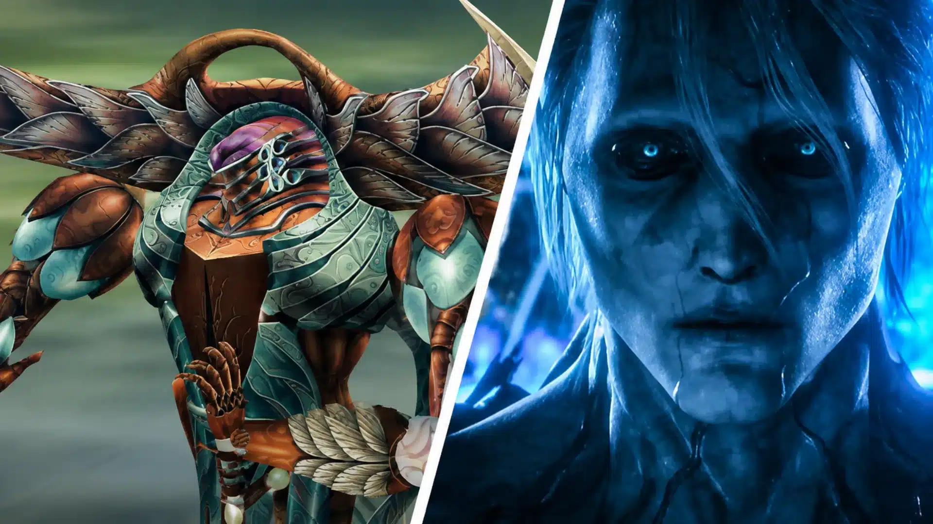 Split fantasy scene with armored beast beside a blue-eyed icy humanoid in close-up