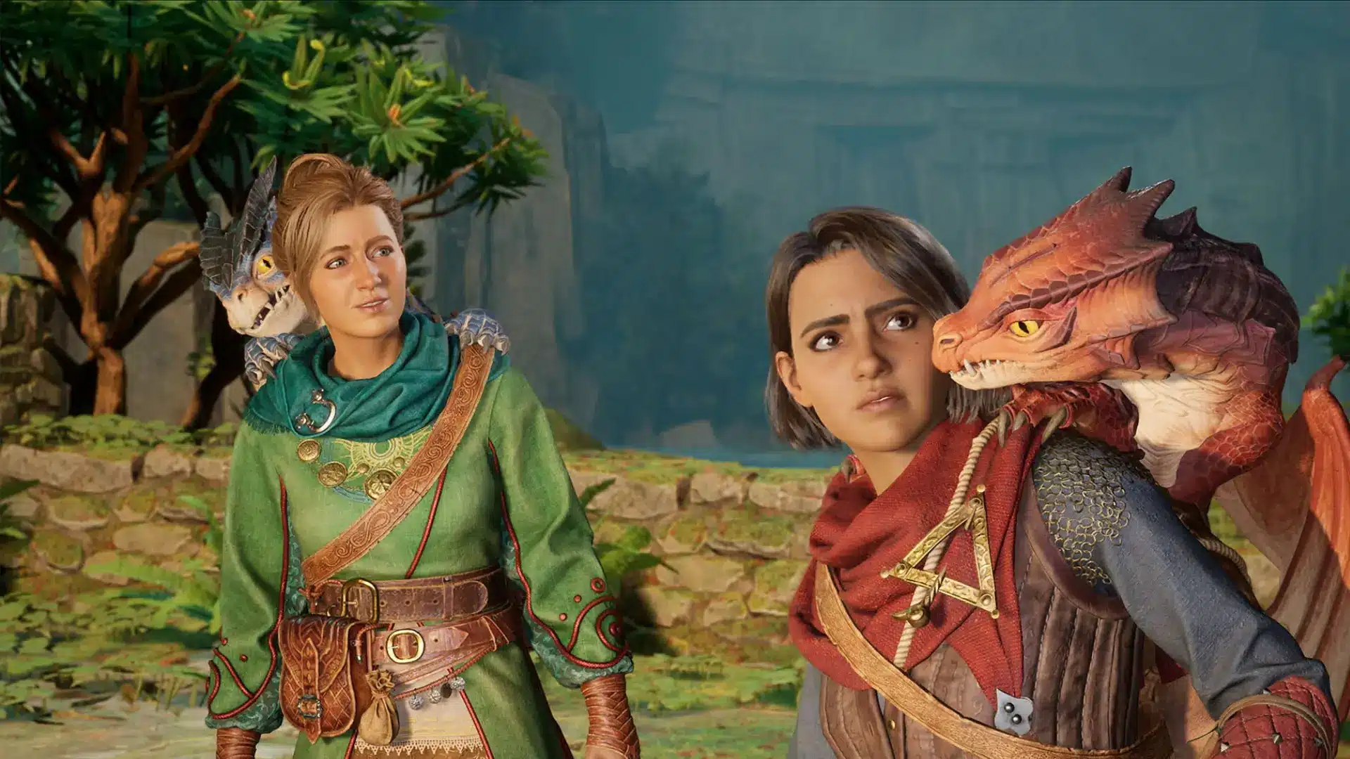 Two adventurers stand in a forest clearing with small dragons perched on their shoulders