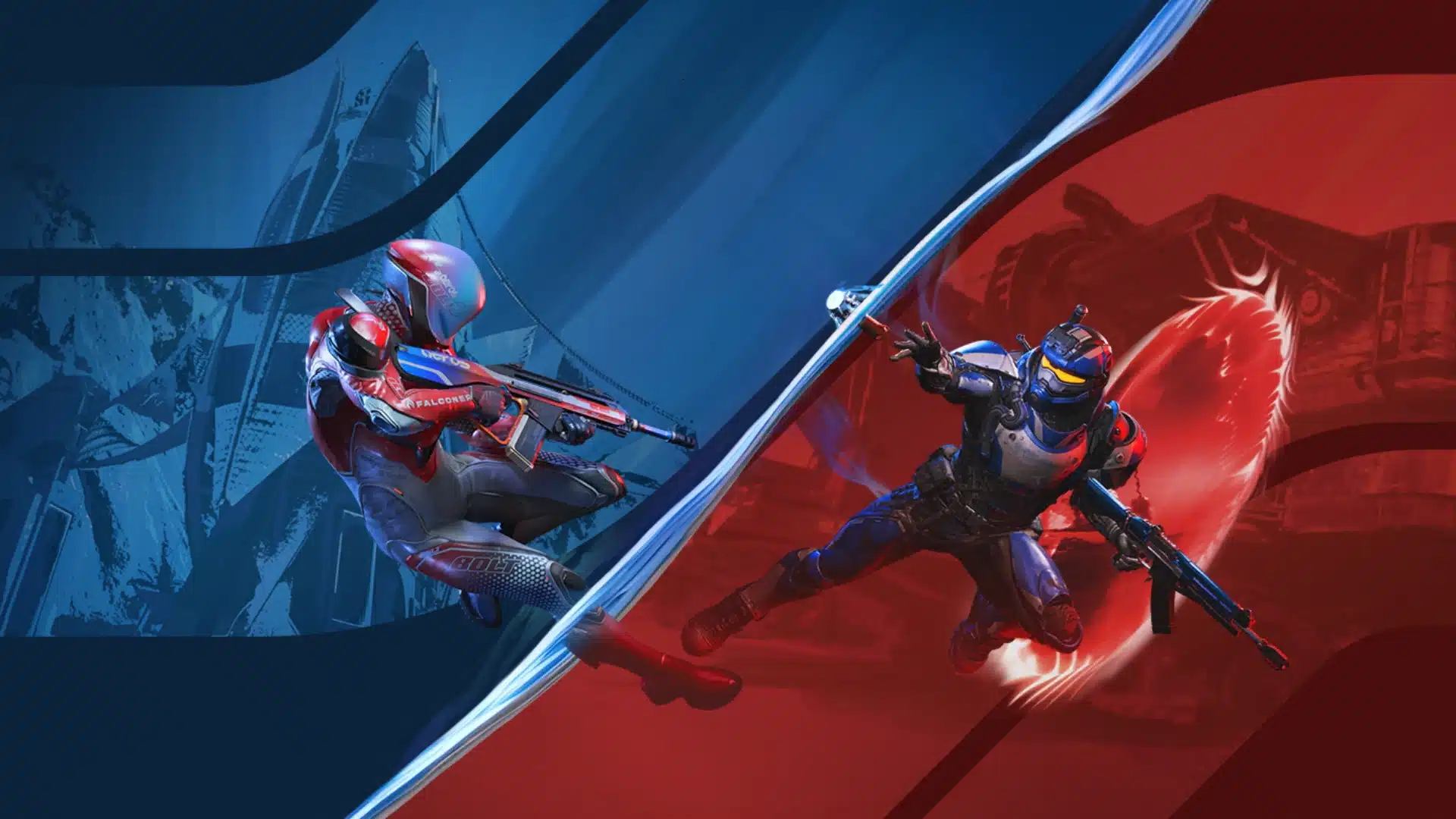 Two armored Splitgate fighters clash across a glowing red and blue portal arena