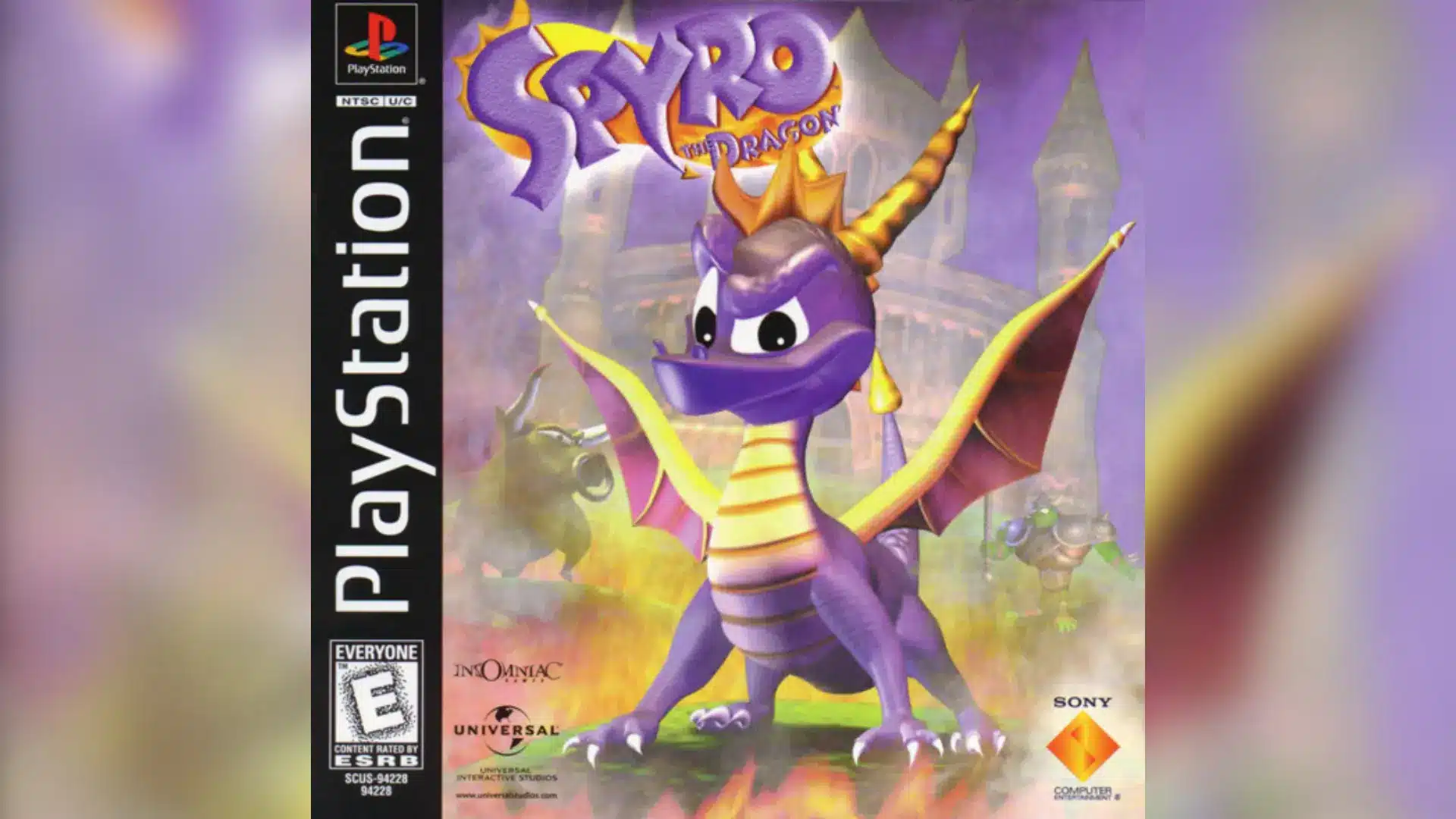 Spyro the Dragon PlayStation cover art showing the purple dragon in front of a fantasy castle