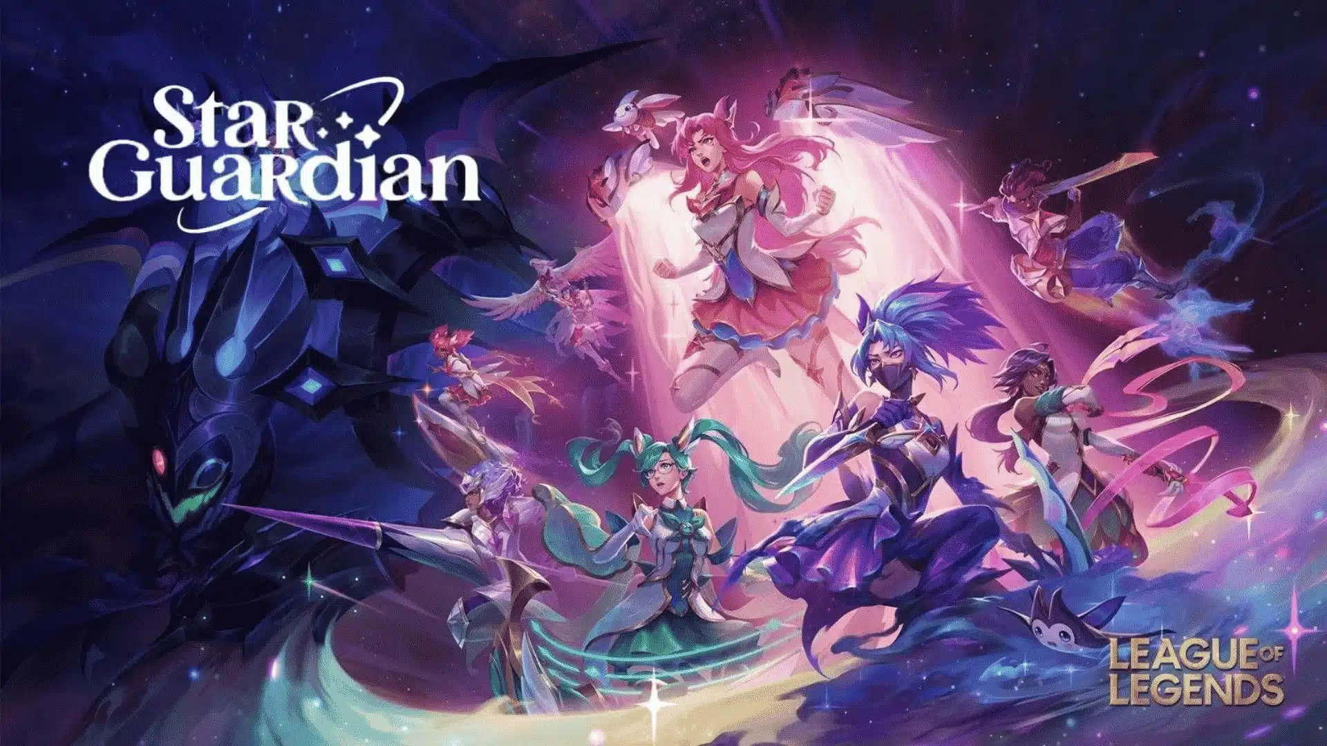 Star Guardian team assembled in space with magical weapons, glowing familiars, and a looming cosmic threat behind them.