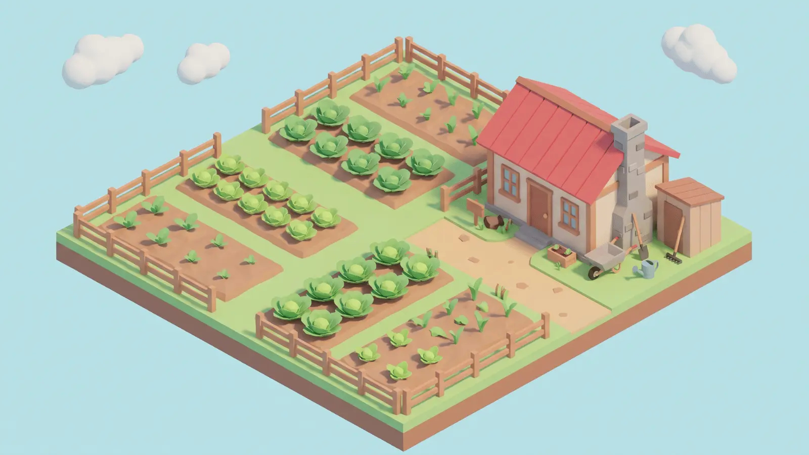 Farm with crops, fences, and a farmhouse in a farming game
