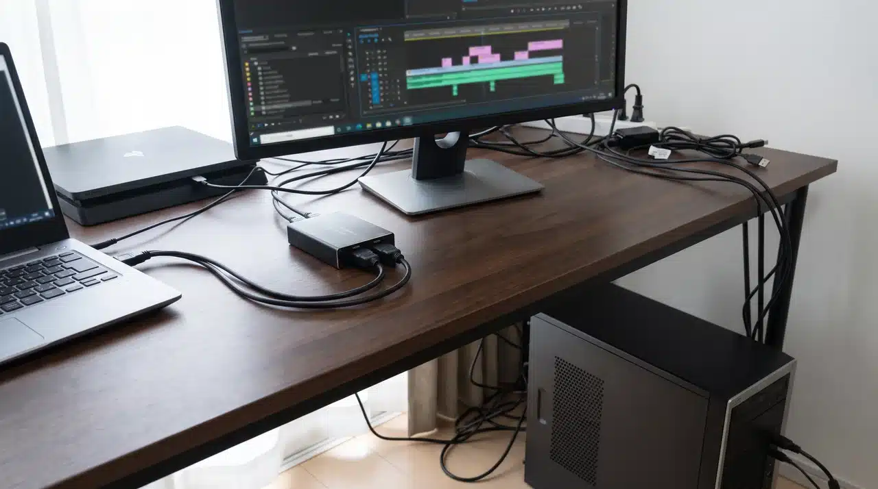 Desktop setup with capture card and HDMI cables connected for video recording