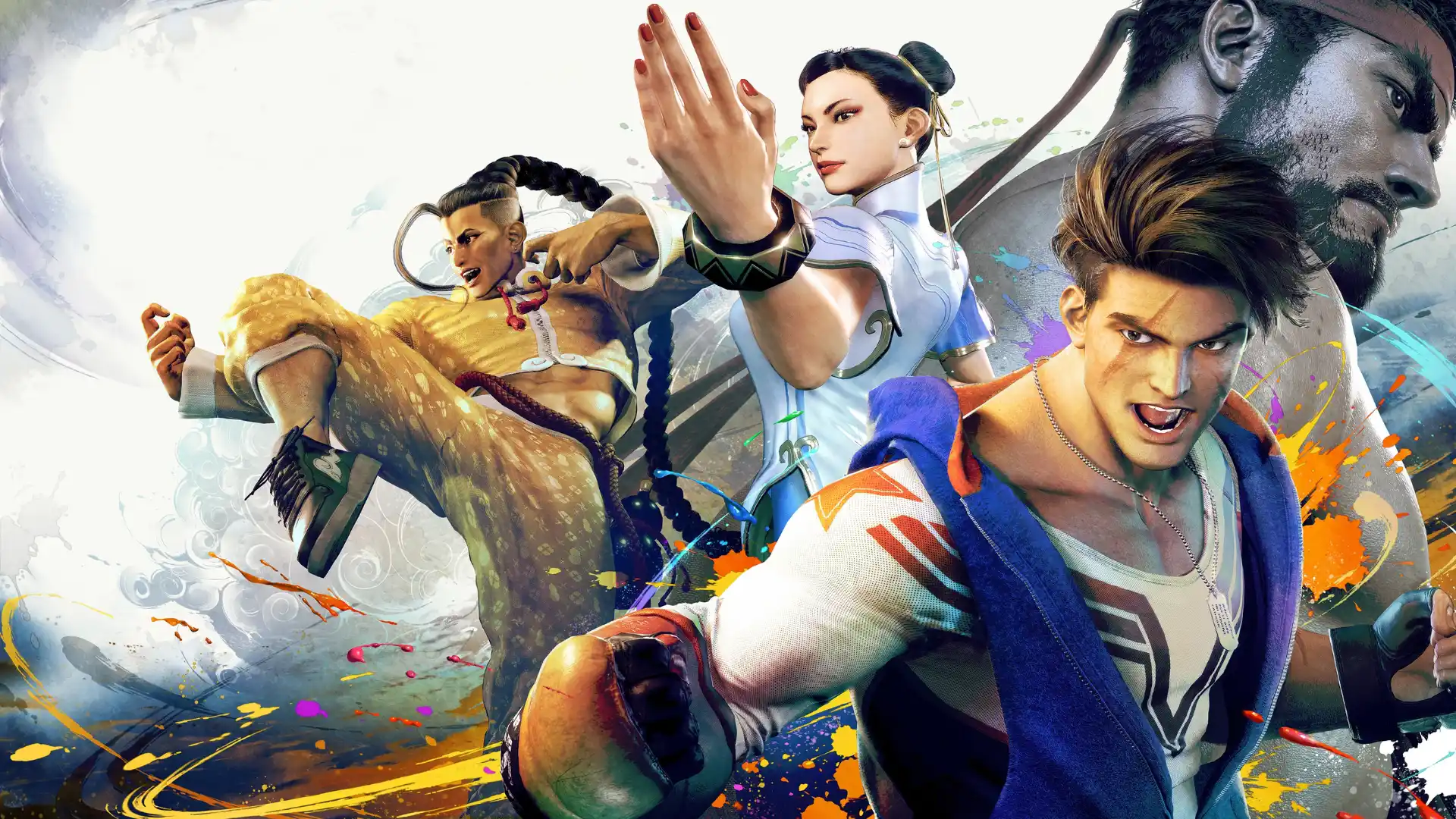 Street Fighter characters strike combat poses against a colorful painted backdrop
