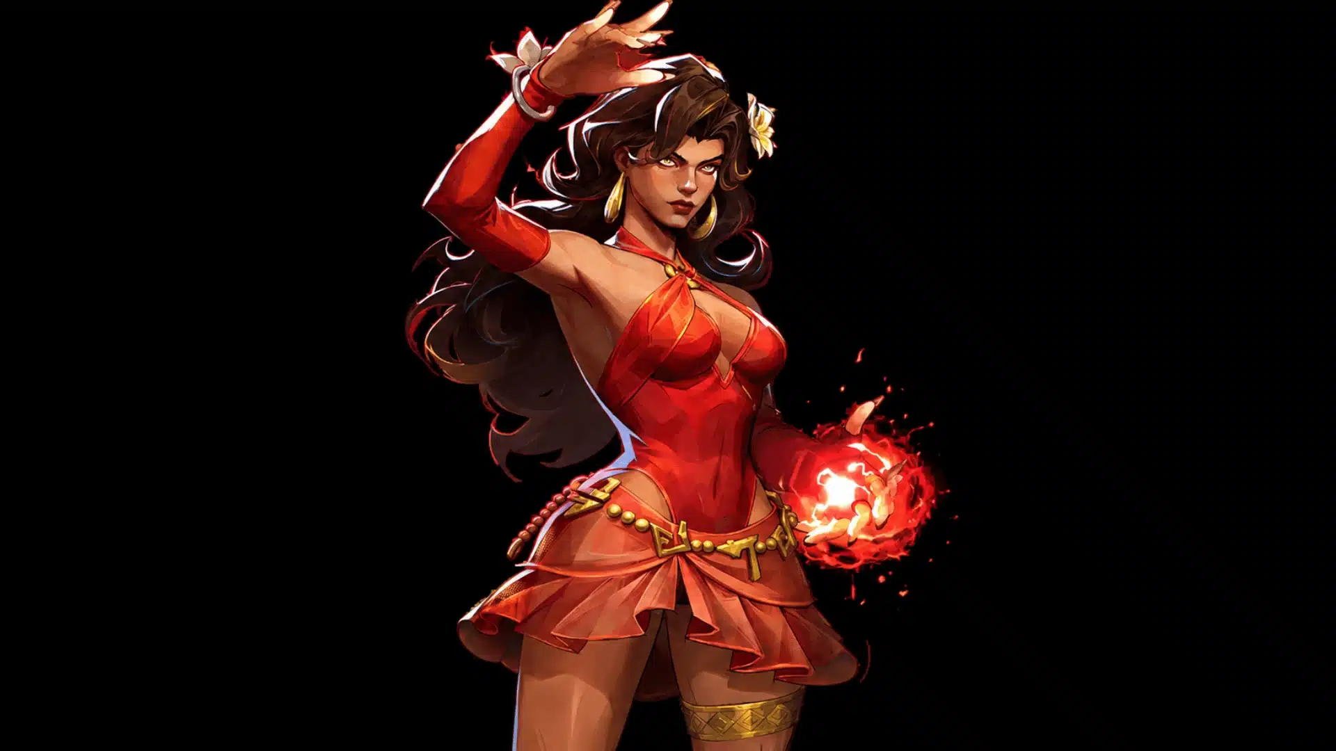 Stylized female character in a red outfit holding a glowing red energy orb