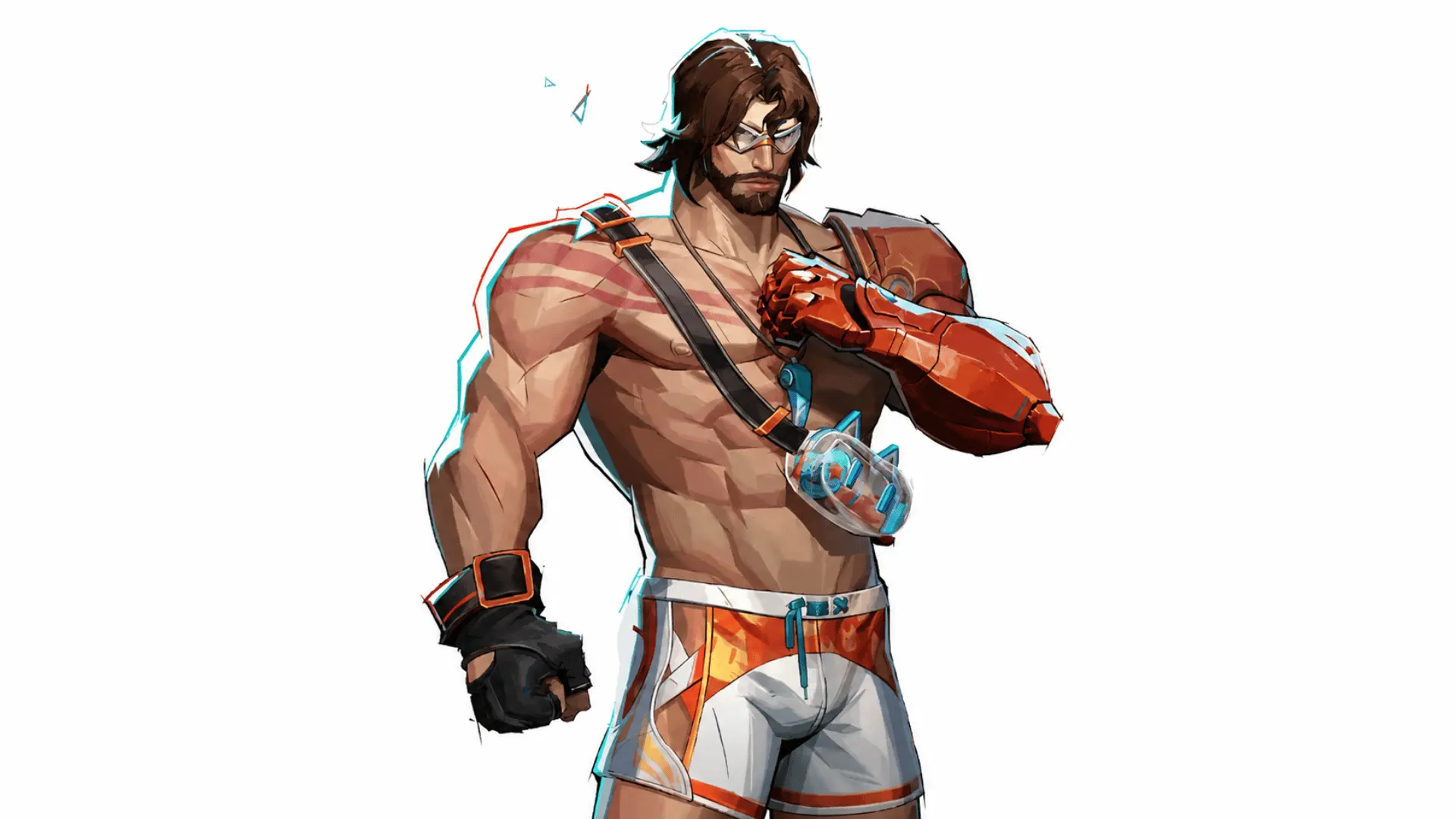 Stylized muscular male character with brown hair, glasses, orange mechanical arm, gloves, and white shorts