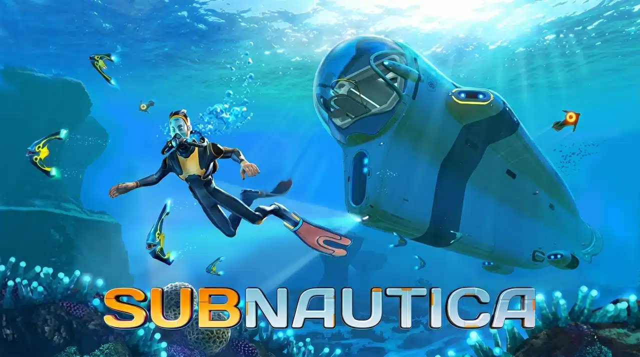 Animated diver swimming alongside a small submarine vessel in a bright blue underwater coral reef environment